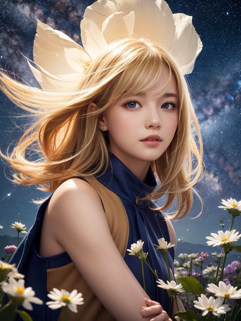 (Highest quality, masterpiece), One girl, Pause, particle, Wind, flower, Upper Body, Simple Background, View your viewers, blonde, Milky Way,
