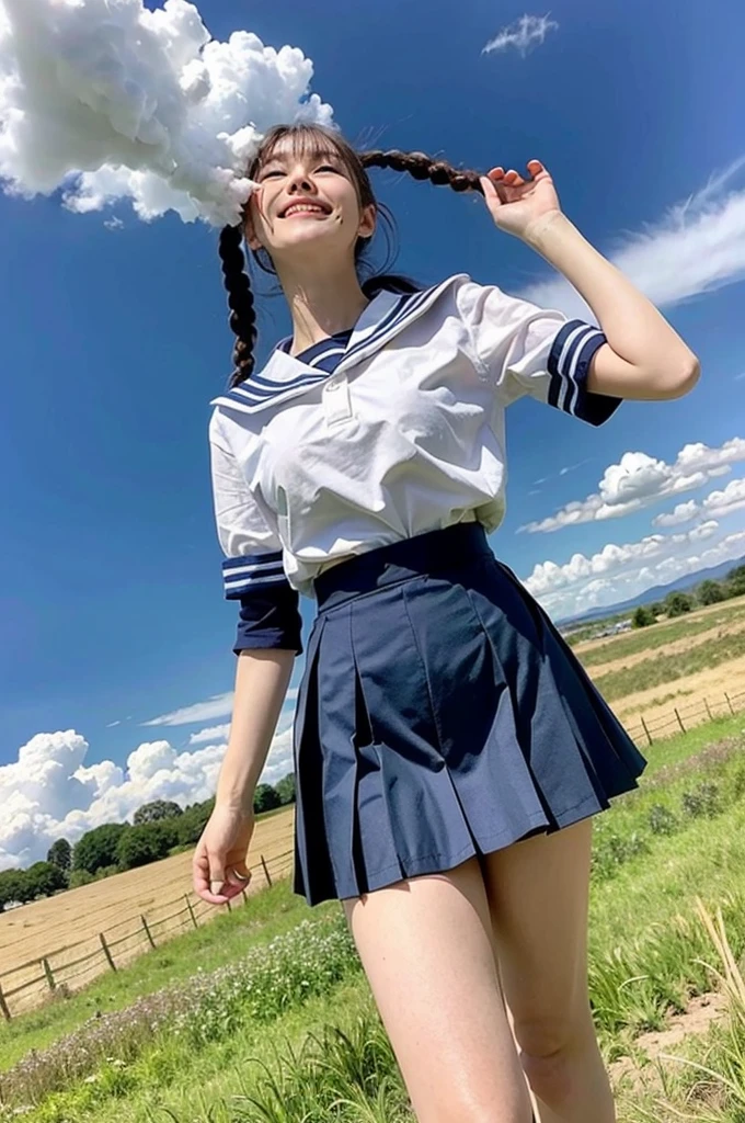 girls standing in windy rural field,large cumulonimbus cloud in summer blue sky,white sailor shirt,navy blue pleated skirt blowing up in wind,white panties,18-year-old,bangs,a little smile,thighs,knees,short hair with low pigtails bunches blowing in wind,from below,front light