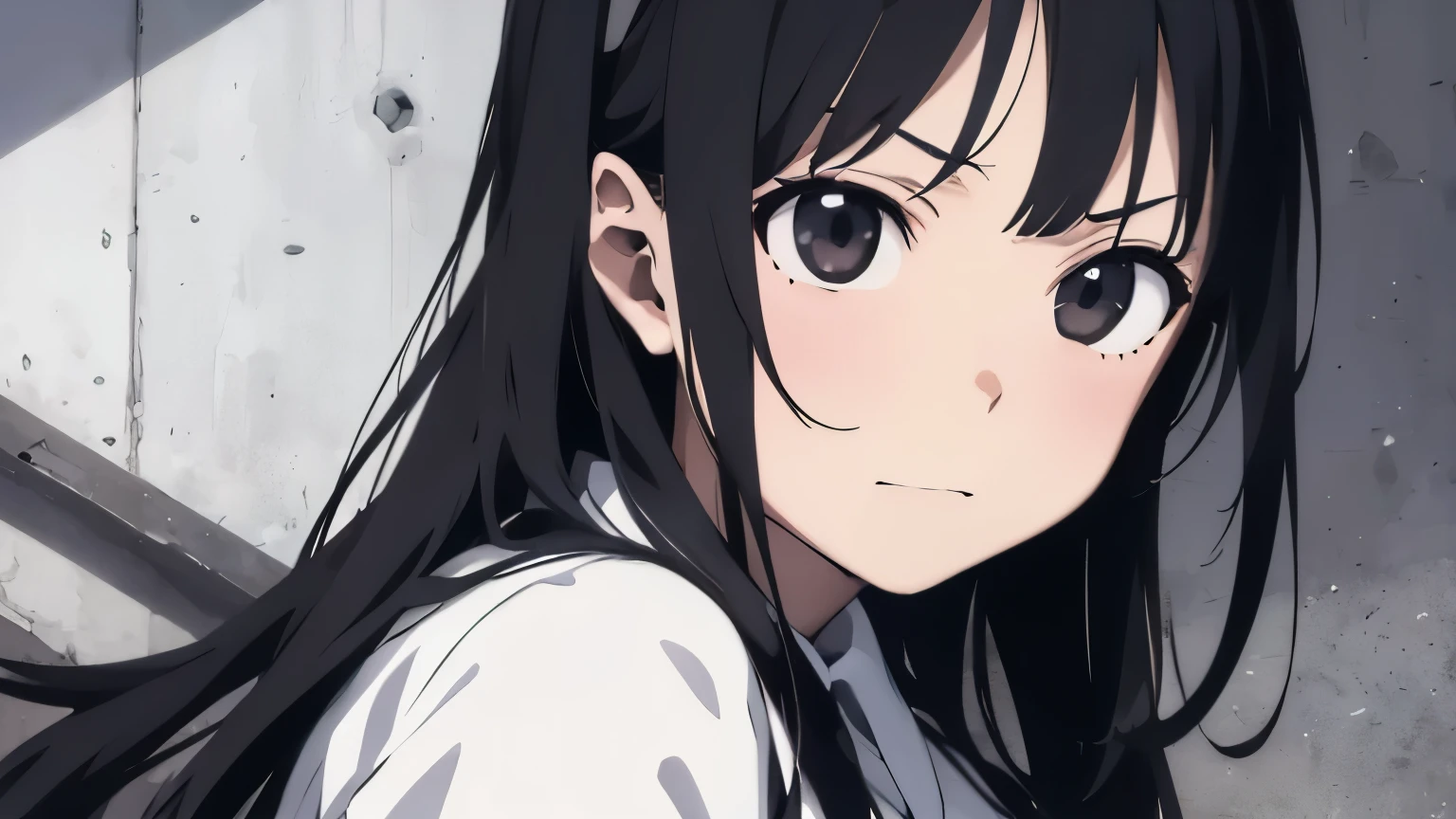 angry、Spiteful eyes、、Black Hair、blunt bangs、White shirt、 hatsune miku,1 girl, 2D CG, Advanced digital anime art, anime character