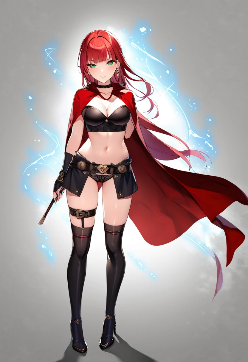 (masterpiece:1.2), (highest quality:1.2), 1girl, solo, red-hair, red-cape, breasts, green-eyes, long-hair, cape, navel, looking-at-viewer, jewelry, earring, belt, choker, gloves, magic, standing, ass-visible-through-thighs, boots, cleavage, closed-mouth, midriff, collarbone, red-lips, medium-breasts, legs-apart, makeup, thighs, full-body, simple-background, lipstick, revealing-clothes, black-choker, fingerless-gloves, black-gloves, waist-cape, shadow, lips, stomach, bangs, black-footwear, panties, armor, black-panties
