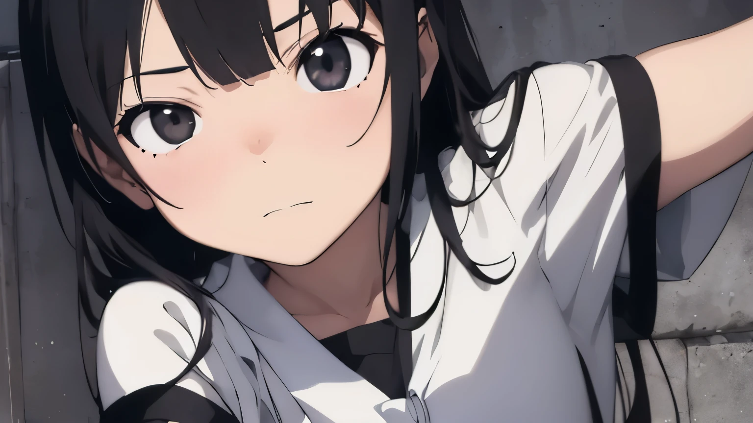 angry、Spiteful eyes、、Black Hair、blunt bangs、White shirt、 hatsune miku,1 girl, 2D CG, Advanced digital anime art, anime character