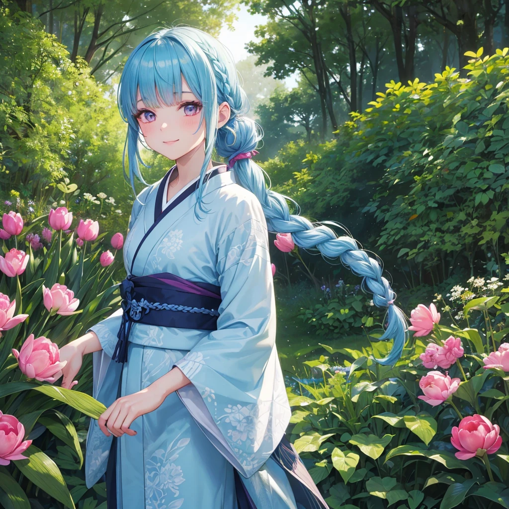 Sky blue hair, (Braided Ponytail),(Pink Eyes),Fair skin ,(whole body),1 Girl,smile,kimono,Fresh greenery,Forest Goddess,Straight bangs,(masterpiece, 最high quality, Super detailed, Best Shadow), (Detailed Background), (Beautifully detailed face), High Contrast, (Best lighting, Very delicate and beautiful), ((Cinematic Light)), colorful, Hyper Detail, Dramatic Light, Intricate details,high quality,Tulip Fields