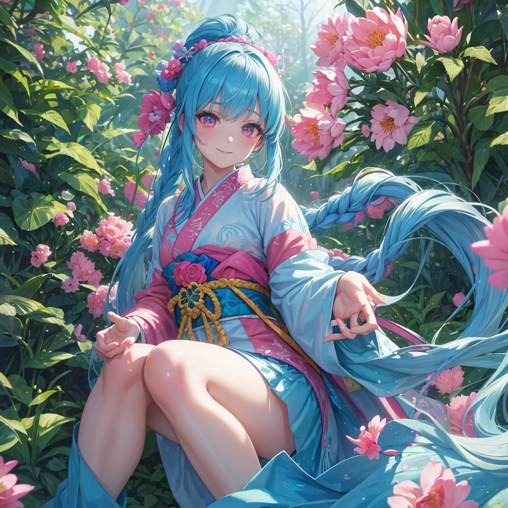 Sky blue hair, (Braided Ponytail),(Pink Eyes),Fair skin ,(whole body),1 Girl,smile,kimono,Fresh greenery,Forest Goddess,Straight bangs,(masterpiece, 最high quality, Super detailed, Best Shadow), (Detailed Background), (Beautifully detailed face), High Contrast, (Best lighting, Very delicate and beautiful), ((Cinematic Light)), colorful, Hyper Detail, Dramatic Light, Intricate details,high quality,Tulip Fields
