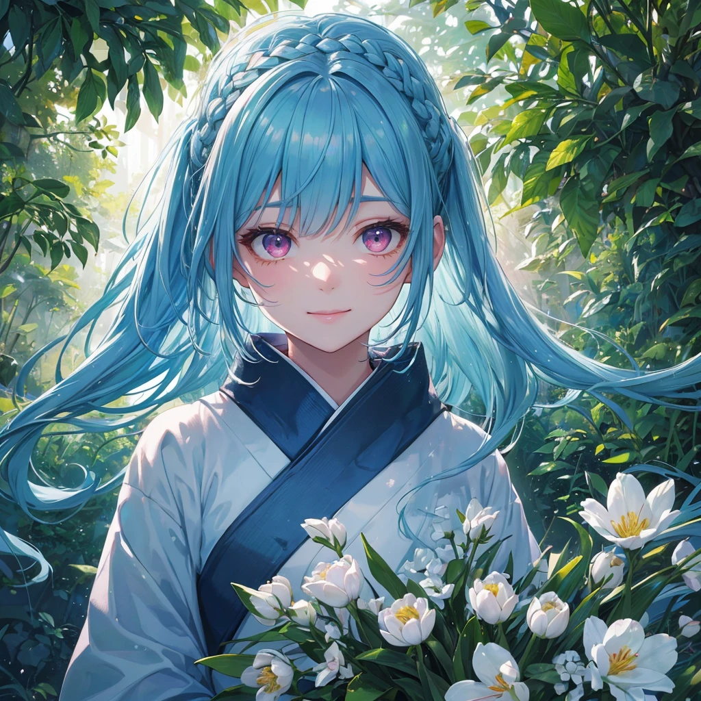 Sky blue hair, (Braided Ponytail),(Pink Eyes),Fair skin ,(whole body),1 Girl,smile,kimono,Fresh greenery,Forest Goddess,Straight bangs,(masterpiece, 最high quality, Super detailed, Best Shadow), (Detailed Background), (Beautifully detailed face), High Contrast, (Best lighting, Very delicate and beautiful), ((Cinematic Light)), colorful, Hyper Detail, Dramatic Light, Intricate details,high quality,Tulip Fields