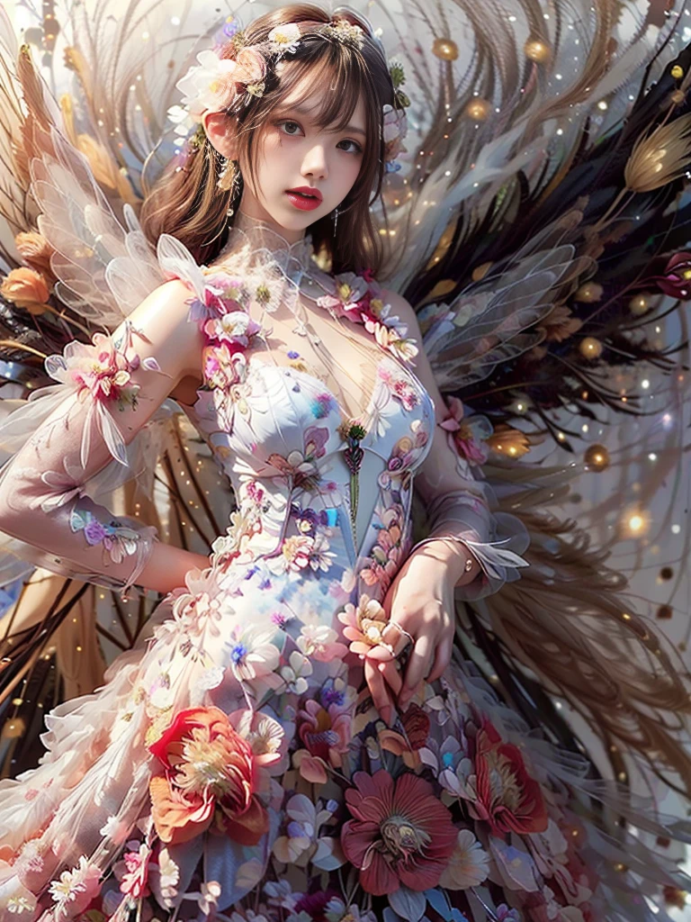 4K Ultra HD, masterpiece, girl, Nice face, Fine grain, Detailed lips,(((Whitening 1.5))) Flower fairy girl, Big Wings, Transparent feathers, Neon Light, (Galaxy Background:1.5), (Floral Dress:1.8), (White Dress:1.5), In heaven,A gentle smile、