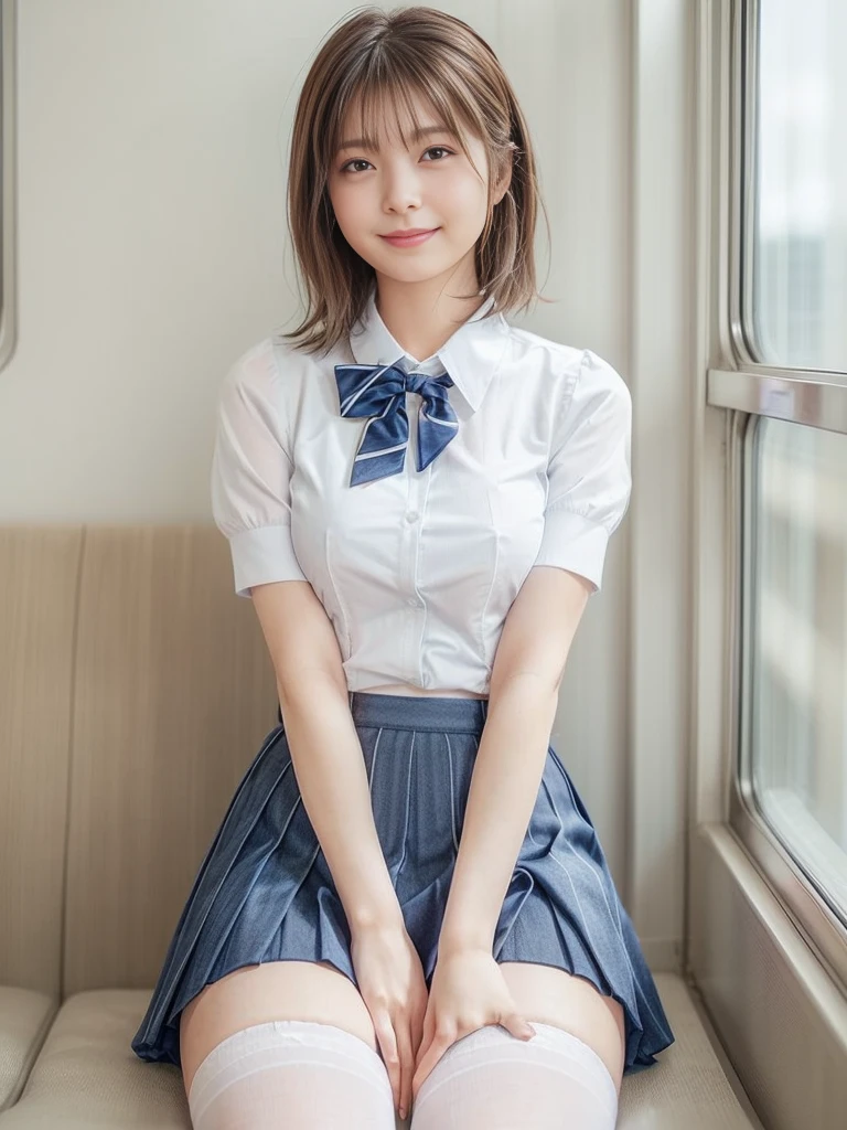 Highest quality,Very detailed,masterpiece,Realistic,Photo realistic,Bright lighting,One Girl, Very beautiful 17 year old girl, (cute:1.2),A faint smile, (Brown eyes),(Light Brown Hair),(Bans),Perfect glowing skin,Perfect Skin,((erotic,Sexy and sexually explicit)),((Accurate needles without discord)), Big ample breasts,Big breasts and small waist, Observe your audience,,((Short sleeve uniform white shirt)),(Blue mini pleated skirt),(((Roll up the skirt yourself))),(Lifted it himself),(Showing panties),Wearing panties,Panty Focus,((sit,Spread your legs wide)), socks, (Black knee socks),(Loafer shoes), Daytime,in the train,A long seat facing away from the window, A big smile