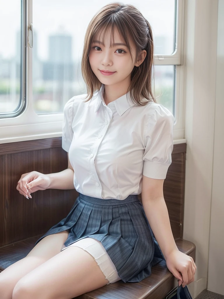 low angle shot,An arafed asian woman wearing a short skirt and bow tie is sitting on a train, cute high school girl, japanese girl uniform, wearing japanese school uniform, japanese school uniform, a hyperreal high school girl, dressed like a high school girl, hyperreal high school girl, wearing school uniform, real high school girl, girl in uniform, wearing school uniform, Photo of high school girl posing, whole body, nice skin, glowing skin, nice thighs,Shining thighs, shining legs