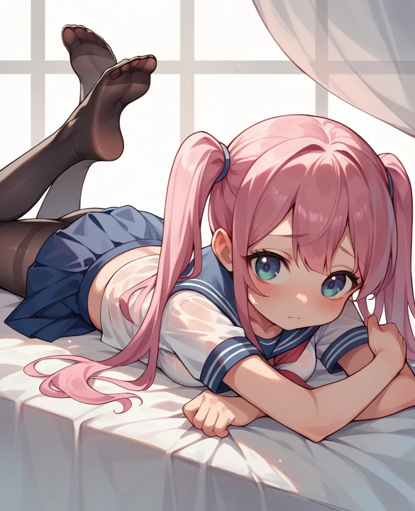 black pantyhose,,sailor,skirt,cute,on stomach,,pink hair,twintails,,shy,medium breasts,see through