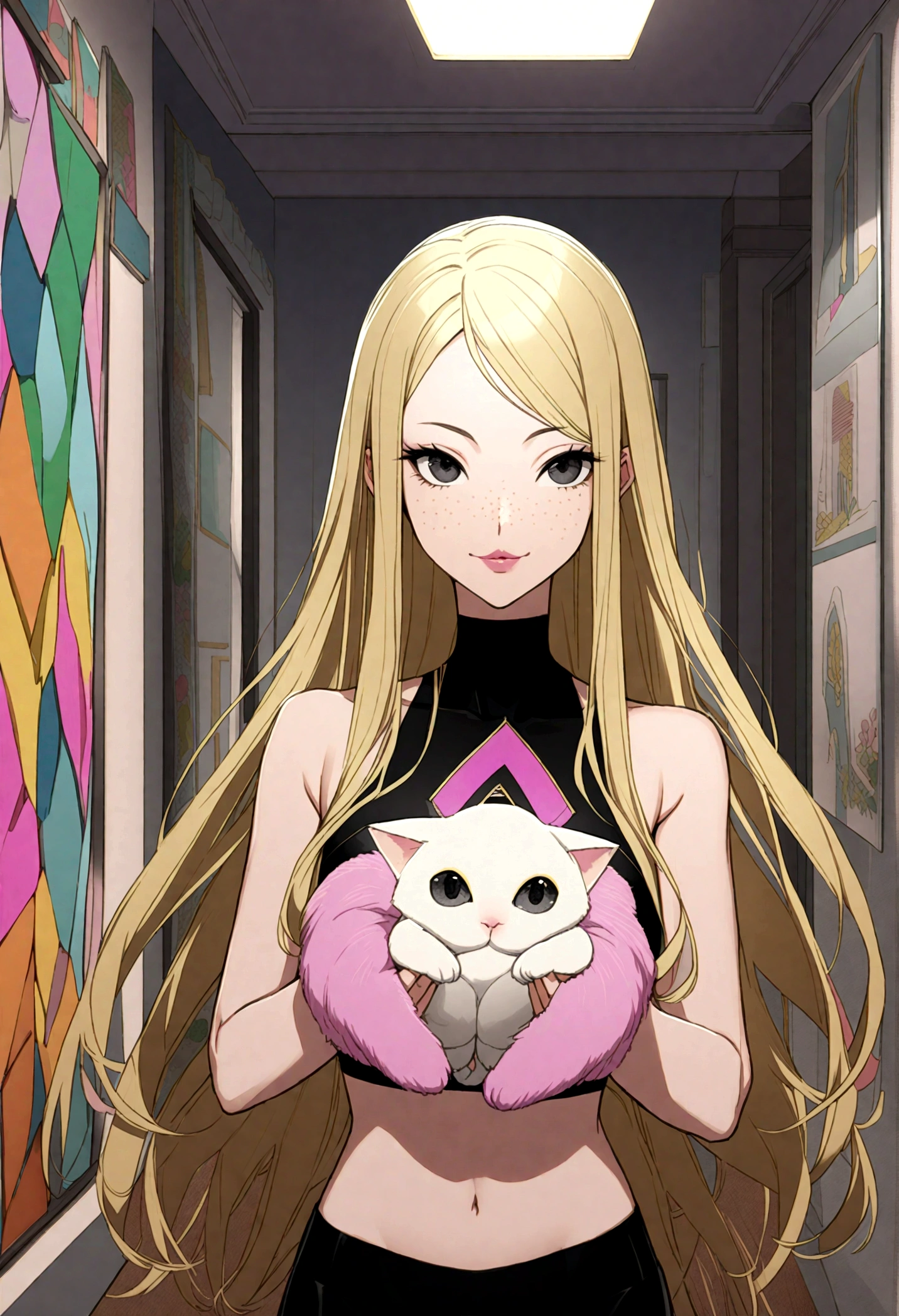 (((32k))),(((of the highest quality)) , woman with long straight blonde hair, black eyes, freckles on the cheeks, Nose piercing, slender body, pompous lips, Wearing a black triangular crop top with pink details, cat in her hands, smiling, room in the background.