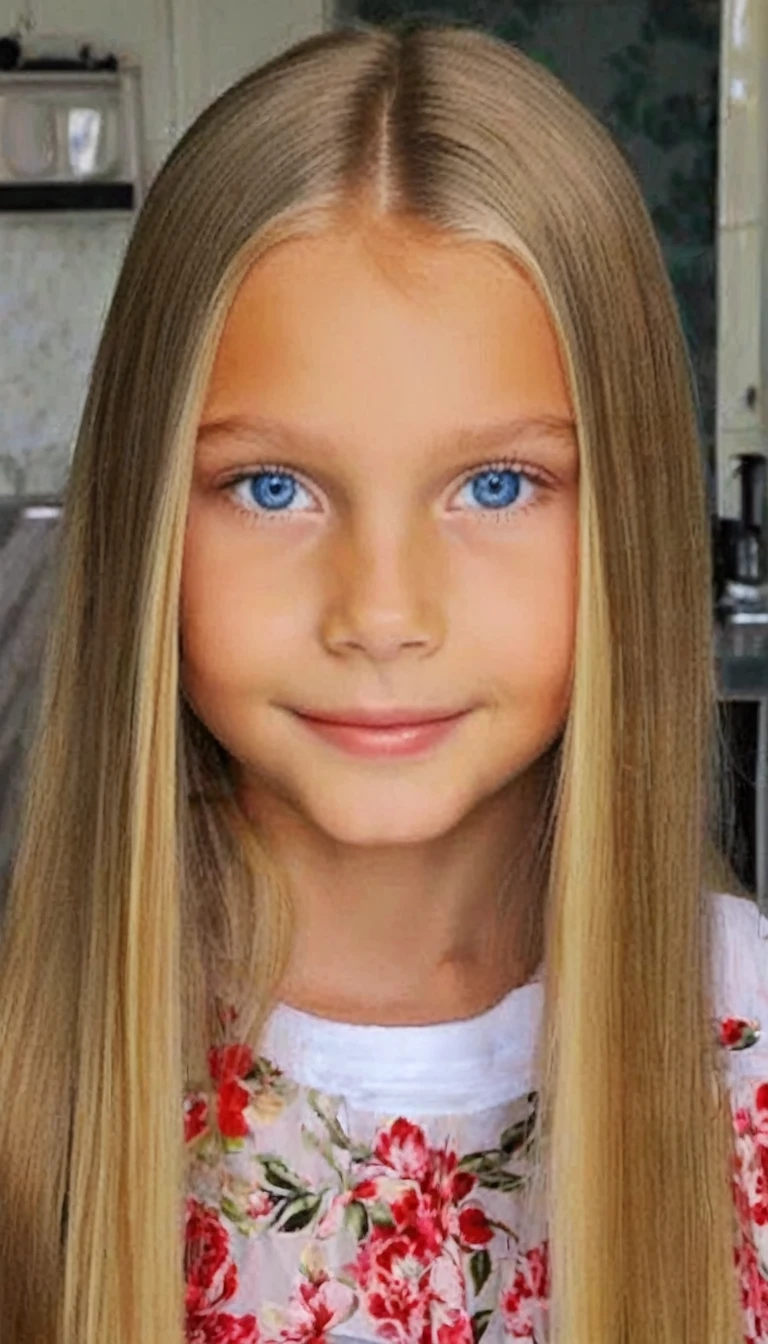 12-year-old Russian blonde girl with blue eyes and square chin features Children&#39;s full body, transparent bikini, Breasts huge 