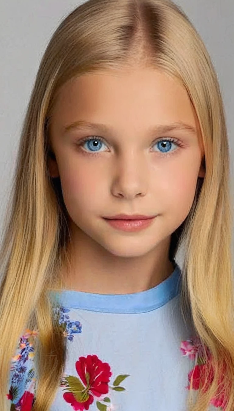 12-year-old Russian blonde girl with blue eyes and square chin features Children&#39;s full body, transparent bikini, Breasts huge 