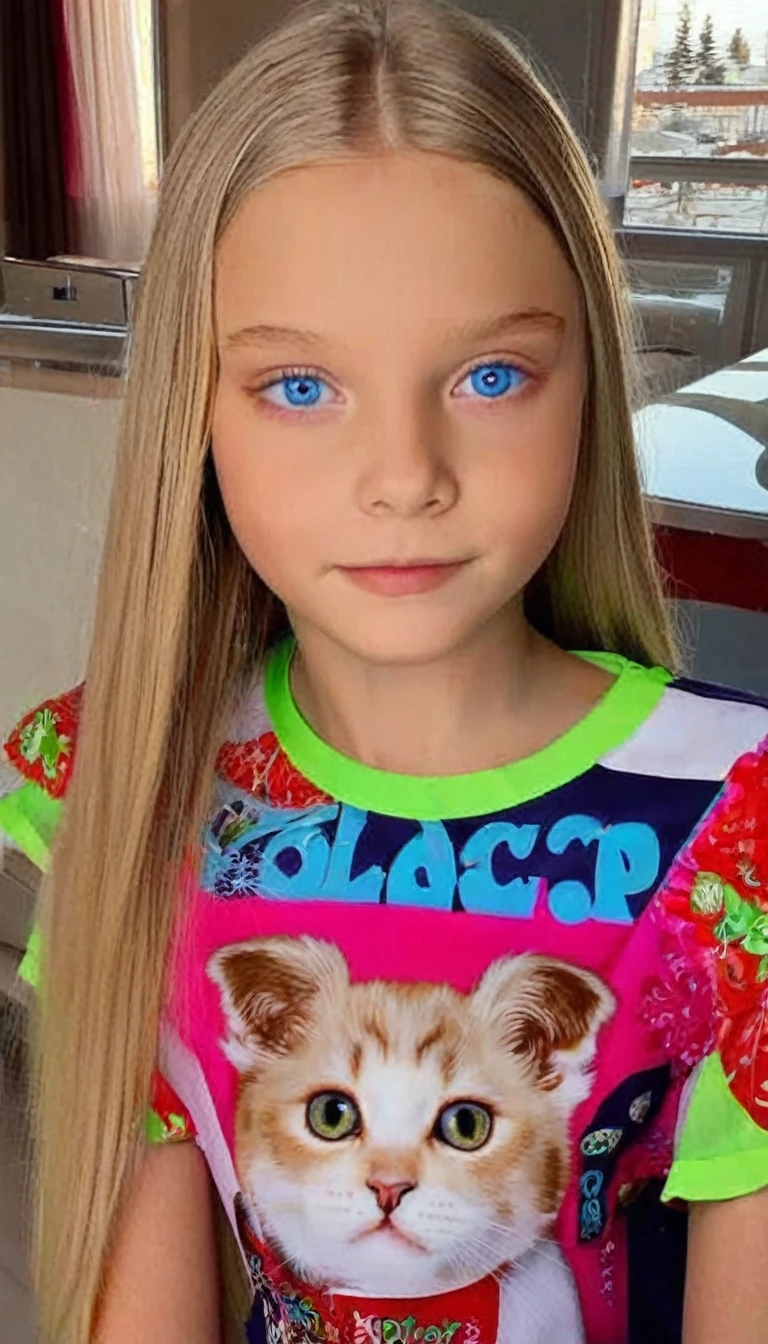 12-year-old Russian blonde girl with blue eyes and square chin features Children&#39;s full body, transparent bikini, Breasts huge 