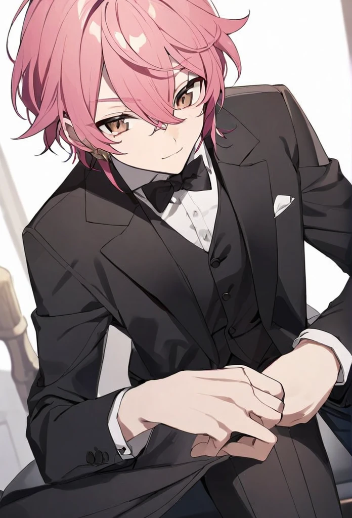 guy, pink hair, brown eyes, medium length hair, black tuxedo, black suit