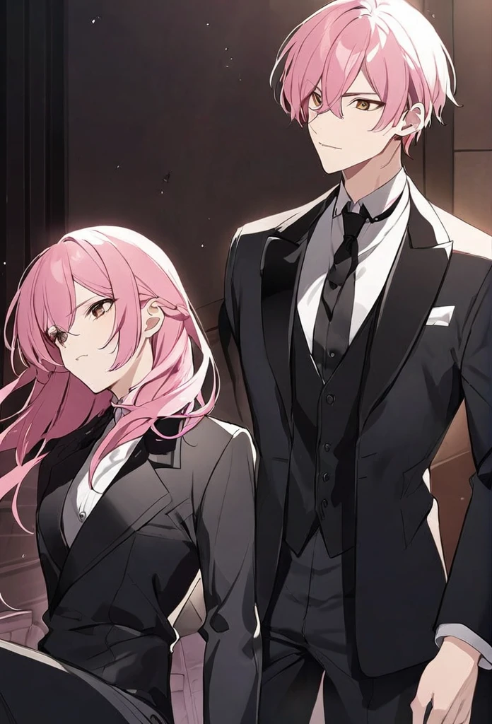 guy, pink hair, brown eyes, medium length hair, black tuxedo, black suit