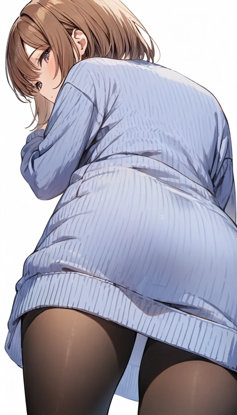 masterpiece, best quality, 1girl, solo, brown hair, short hair, blue sweater dress, black pantyhose, from below, from behind, no background, white background