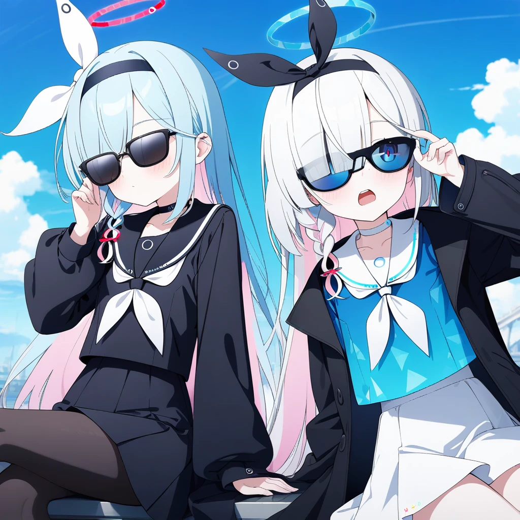 2girls sunglasses, blue archive, arona \(blue archive\), plana \(blue archive\), absurdres, official art, adjusting eyewear, black choker, black coat, black eyes, black hairband, black pantyhose, black sailor collar, black serafuku, black shirt, black skirt, blue eyes, blue hair, blue halo, blue pupils, blue shirt, blue sky, blush, bow hairband, braid, breasts, buttoned cuffs, buttons, choker, closed mouth, cloud, coat, colored inner hair, day, film grain, hair over one side of face, hair ribbon, sitting, skirt, sky, small breasts, sunglasses, teeth, thighs, two-tone hair, upper teeth only, white choker, white hair, white hairband, white neckerchief, white ribbon, white sailor collar, white skirt, ((very aesthetic, best quality, ultra detailed))