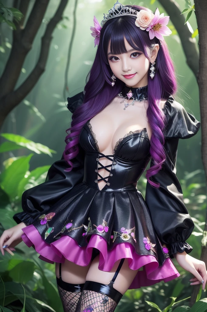 sexy stylish princess who controls poison、beautiful smile、lipgloss、long lashes、intense makeup、look at the camera、full body Esbian、、sparkling poisoned flower costume、、、、shiny sparkling multicolor hair、secrete poison、skull hair accessories、fishnet tights、shiny sparkling dark magic forest background