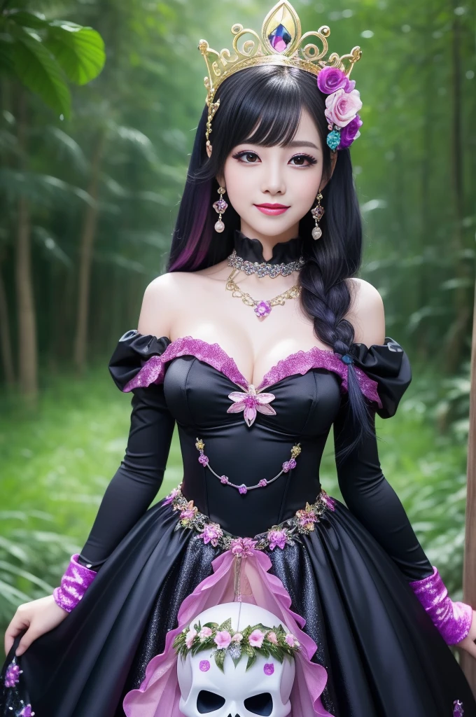 sexy stylish female who controls poison、beautiful smile、lipgloss、long lashes、dramatic makeup、look at the camera、full body Esbian、、sparkling poisoned enchanted flower costume、、、、shiny sparkling multicolor hair、secrete poison、skull hair accessories、fishnet tights、shiny sparkling dark magic forest background