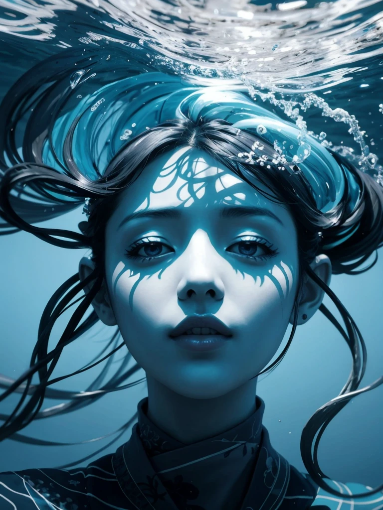 (best_quality, masterpiece:1.2), (detailed), (4k, 8k, uhd, high_resolution, highres), 1girl, 白いGothicドレス flat color, abstract, ornate, blue theme A great collapsing ocean, shades of blue, feeling of depth, choppy water. It is possible to observe a face forming, c4nd1c3sw,下からわき上がる水の泡