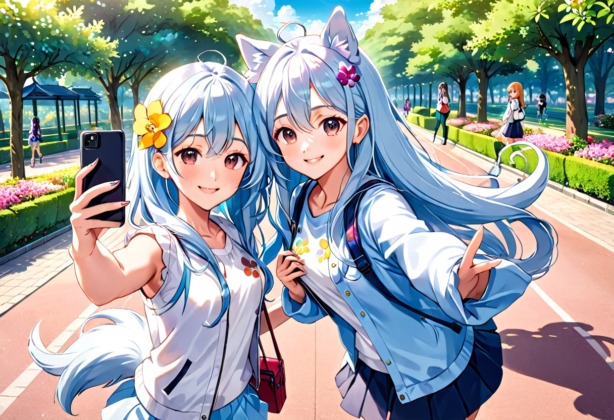 Anime Girls, A park full of orchids、Walk with your dog、A beautiful girl taking a selfie with her dog on her smartphone、Light blue long hair、Twin-tailed anime beautiful girl、A cute anime chibi character with a bright smile, (Anime Girls), Cute girl anime visuals, young Anime Girls, Beautiful anime art style, Anime illustration, beautiful Anime Girls,