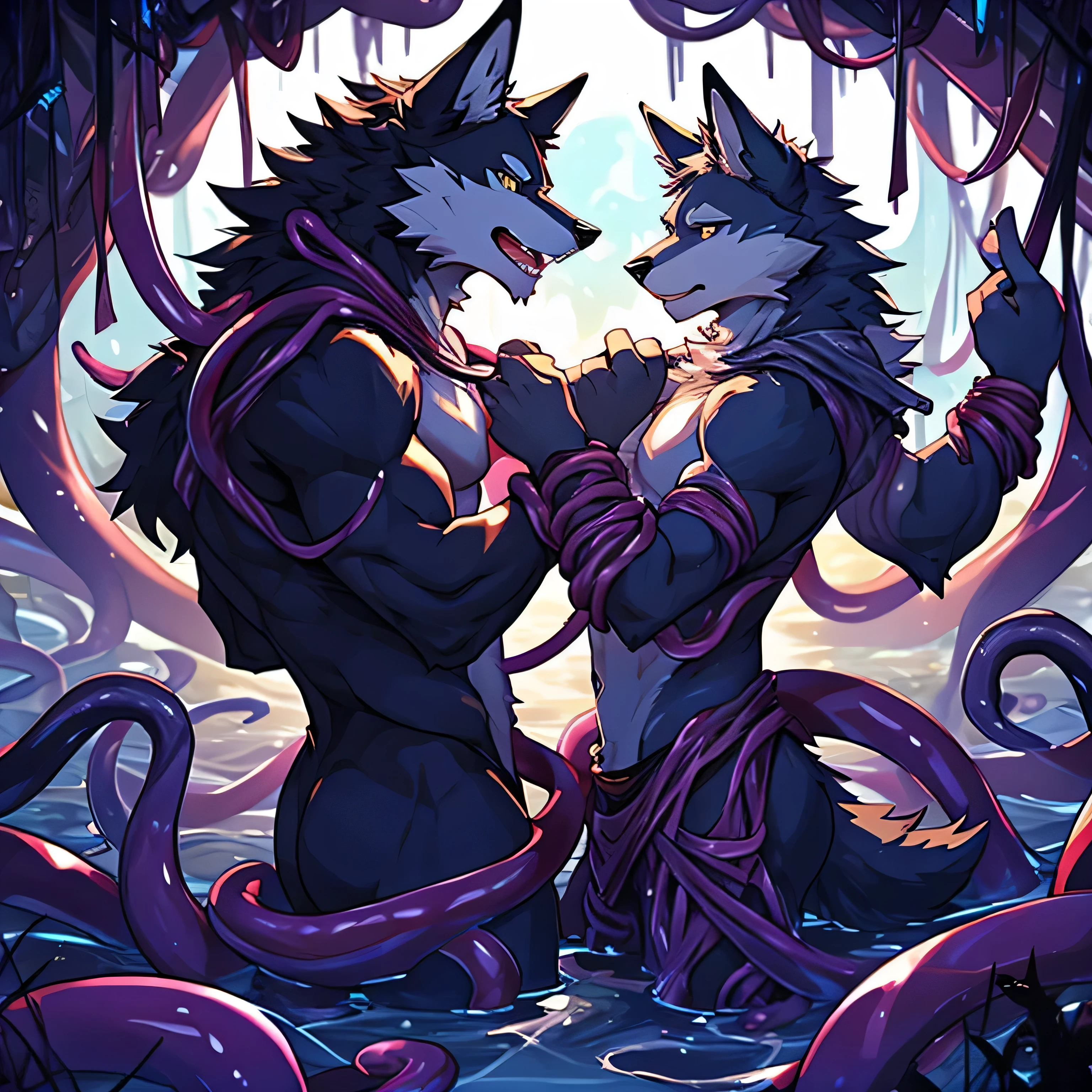two wolves caught in tentacles and fucked in limbo, tentacles by the hands hanging hands clasped tentacles more tetacles less details Without clothing