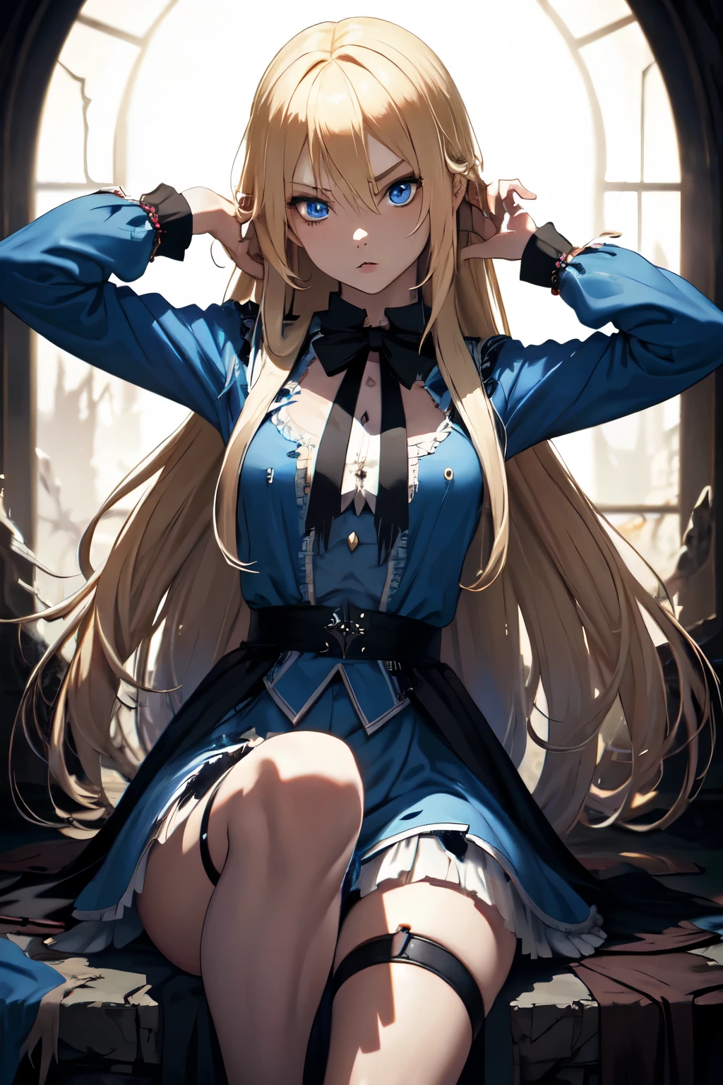 masterpiece, best quality, 1girl, solo, blonde long hair, blue eyes, Alice in wonderland, crazy, sinister, ominous, dangerous, confident, cowboy shot