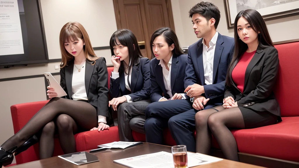 In a modern news agency, men and women, dressed formally, are sitting on sofas, discussing an issue