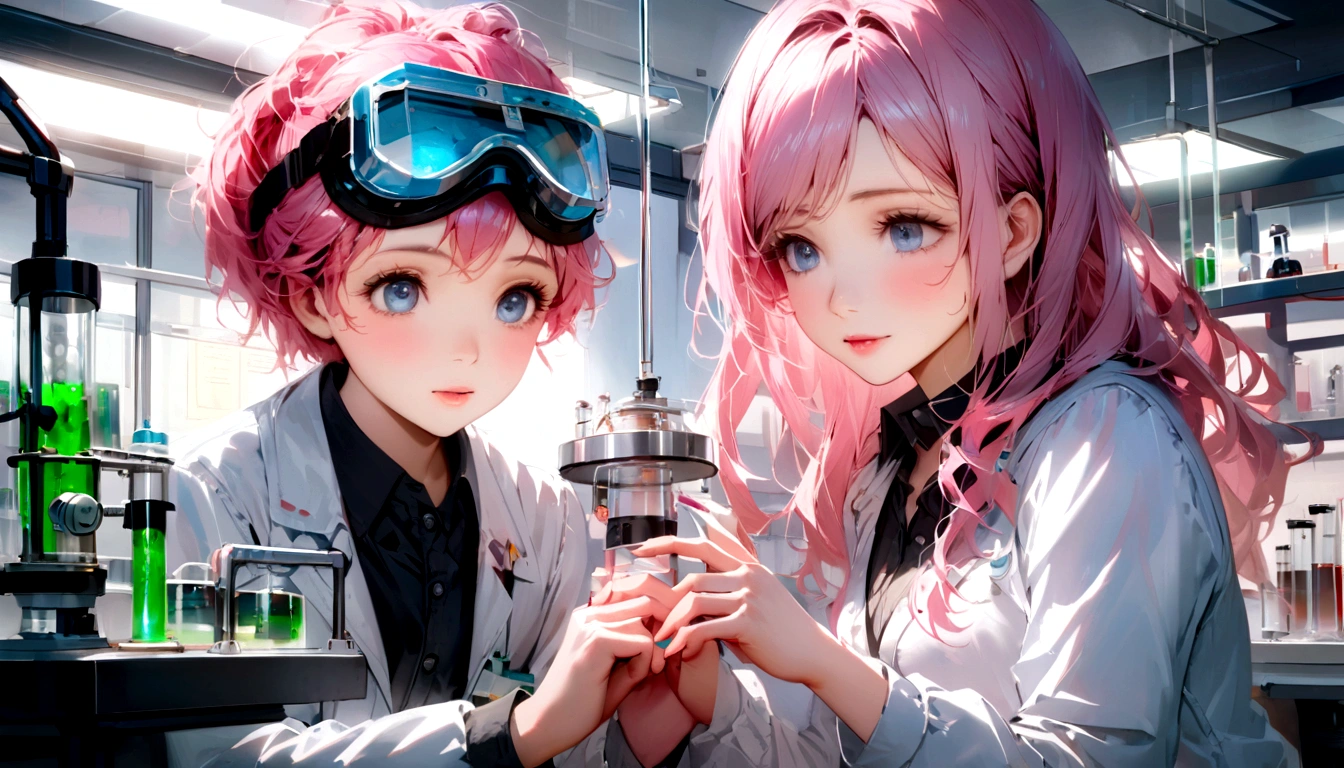 Detailed and realistic images of students conducting experiments in a science lab, Wear safety goggles、Holding scientific equipment, Introduce hands-on learning and practical application of knowledge, (pink hair,