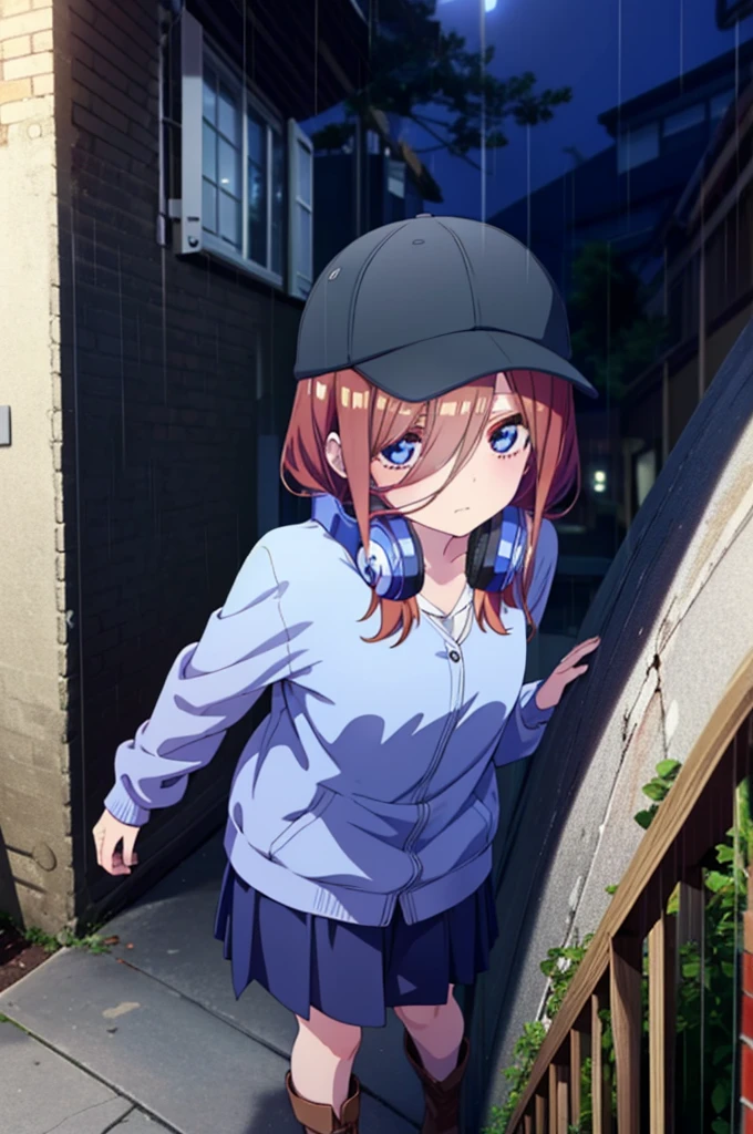 miku nakano, Nakano Miku Ticket III, Long Hair, bangs, blue eyes, Brown Hair, Hair between the eyes,Baseball hats,Headphones around neck,Oversized blue hoodie,Long skirt,short boots,rain,Hiding in a roofed building,Standing leaning against the wall,whole bodyがイラストに入るように,
break outdoors, Building district,
break looking at viewer, whole body,
break (masterpiece:1.2), Highest quality, High resolution, unity 8k wallpaper, (figure:0.8), (Beautiful attention to detail:1.6), Highly detailed face, Perfect lighting, Highly detailed CG, (Perfect hands, Perfect Anatomy),