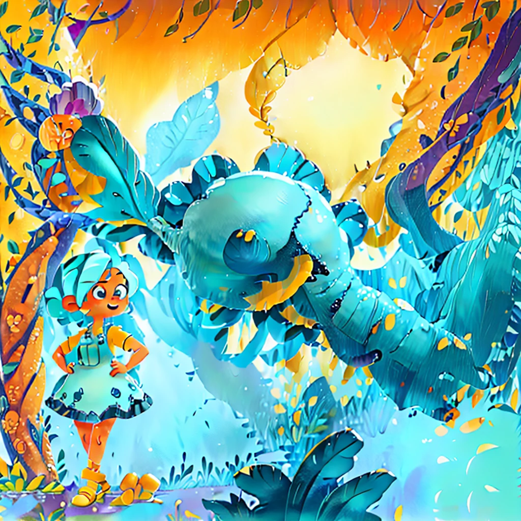 A beautiful woman with blue hair, yellow skin, and a blue dress, Marilyn Monroe style, hyper detailed botanical elements, line art, digital illustration, thick paint, maximalist botanicals, a beautiful and aesthetically pleasing illustrative masterpiece, post-edited with Topaz