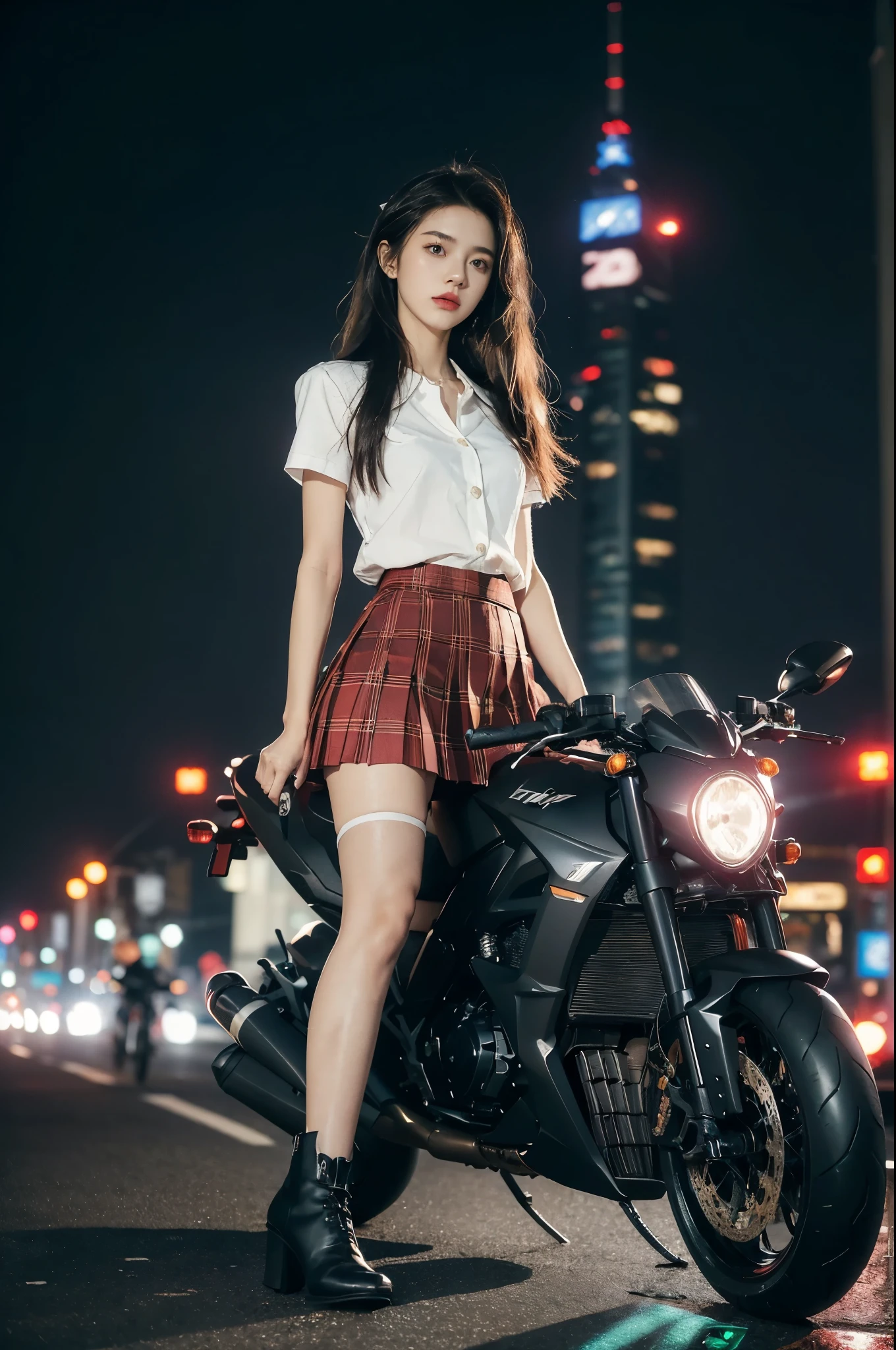 (((best quality))),(((ultra detailed))),(((masterpiece))),illustration,(1 beautiful girl,solo),((slim,thin)),((small breasts,flat chest)),(safety helmet:1.3),(shoulder length straight hair:1.2),slender legs,cyberpunk, urban street,high school student, JK outfit,(riding on a motorcycle:1.3), sleek, (white collared short-sleeved shirt:1.3), (red checkered pleated skirt:1.3),(pantyhose:1.3), stylish boots, confidence, determination, dark streets, wind, hair blowing, neon lights, skyscrapers, urban noises, traffic, sirens, city sounds, futuristic, dystopian society, technology, fashion, explosive cocktail, style, , modernity, attitude, spirit, anything is possible,from front