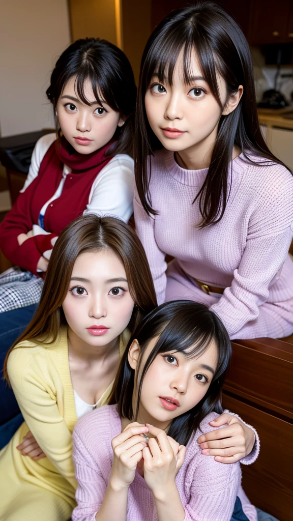 Highest quality, masterpiece, Ultra-high resolution, (Realistic:1.4), Raw photo, Very detailed, Perfect Anatomy, (Three Girls), The most popular Japanese idols at 18, Most popular Japanese actresses at 38 years old, The most popular Japanese model at 28 years old, (Everyone is having fun at a house party), All-sitting luxury sofa, Variety of faces, Very cute face like the most popular Japanese idol, Very beautiful face like the most popular Japanese actress, Very cute face like the most popular Japanese models, Very beautiful eyes, Everything is so beautiful、The hair colour is also different, All of the skins are very beautiful, Everyone is wearing winter clothes