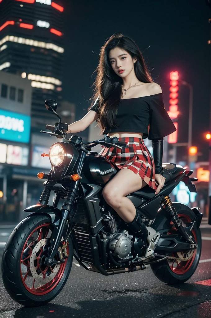 (((best quality))),(((ultra detailed))),(((masterpiece))),illustration,(1 beautiful girl,solo),((slim,thin)),((small breasts,flat chest)),(safety helmet:1.3),(shoulder length straight hair:1.2),slender legs,cyberpunk, urban street,high  student, JK outfit,(riding on a motorcycle:1.3), sleek, (white collared short-sleeved shirt:1.3), (red checkered pleated skirt:1.3),(pantyhose:1.3), stylish boots, confidence, determination, dark streets, wind, hair blowing, neon lights, skyscrapers, urban noises, traffic, sirens, city sounds, futuristic, dystopian society, technology, fashion, explosive cocktail, style, , modernity, attitude, spirit, anything is possible,from front