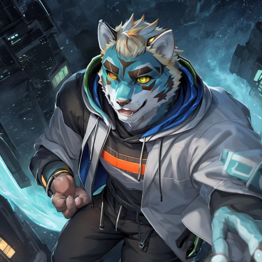 monomasa, furry, male, solo focus, wolf, tail, by kiyosan, by yupa, by Pino Daeni, (by null-ghost:0.8), (by drks:0.2), white hooded coat, hood up, pants, detailed eyes, black pupils, green eyes, red sclera, (yellow eyeshadow:0.8),  night, high-angle view, close-up, 