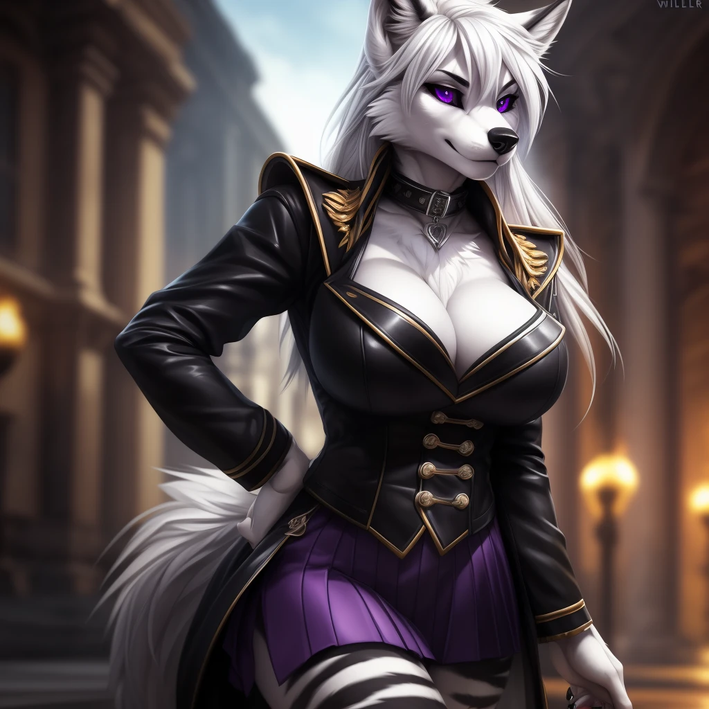 uploaded on e621, (by Wildering, by Koul, by fluff-kevlar, by aycee), solo, female wolf, wolf ears, neck tuft, hip tuft, leg tuft, wolf tail, ((black sclera, purple eyes)), ((french napeolon uniform)), ((painted portrait)), (masterpiece), (best quality), (anthro furry:1.3, snout:1.2, anthro:1.3, furry:1.2, solo female:1.2), (hourglass figure), (wide hips), (thick thighs), ((huge breasts)), (suggestive pose), (((black stripes on body, grey fur))) BREAK ((white hair)), (napoleonic war background, depth of field, ambient light on the body), (intricate:0.7), (high detail:1.3), (unreal engine:1.3), (sharp focus:1.15), (masterpiece, best quality, 4k, 2k, shaded, absurd res), ((leather collar)), ((cleavage))