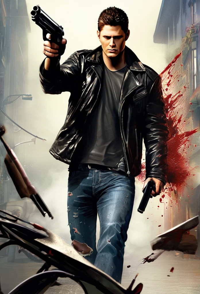 Crie concepts art para um filme do dean winchester's loiro com ,with black leather jacket and jeans,and torn,he is bleeding,and holding a gun!