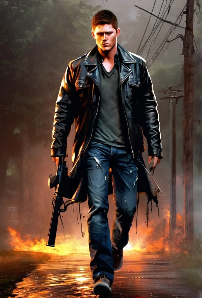 Crie concepts art para um filme do dean winchester's loiro com ,with black leather jacket and jeans,and torn,he is bleeding,and holding a gun!