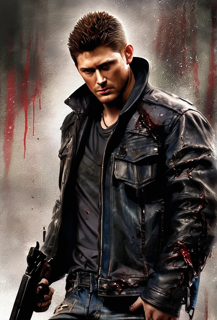 Crie concepts art para um filme do dean winchester's loiro com ,with black leather jacket and jeans,and torn,he is bleeding,and holding a gun!