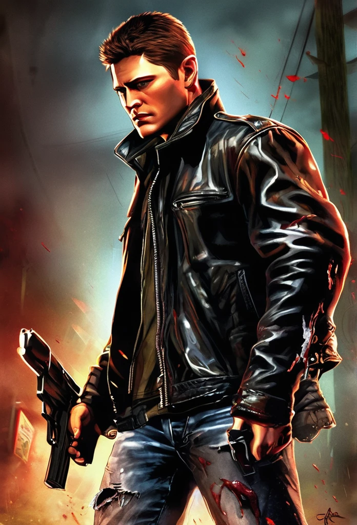 Crie concepts art para um filme do dean winchester's loiro com ,with black leather jacket and jeans,and torn,he is bleeding,and holding a gun!