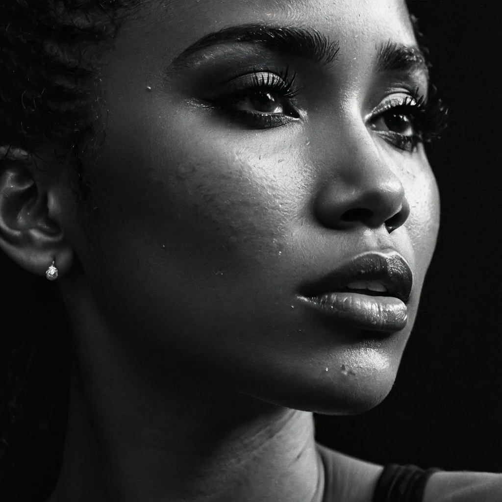 close up and zoomed in on a beautiful black girl with crying a single teardrop running down her face and a black background, close up on side profile only showing cheek and eyelight falling on face, ???? photorealism, mysterious portrait of a woman, chiaroscuro portrait, grainy black and white photo. close up on side profile, tinashe, zoe kravitz, zoomed in on tear drop, euphoria vibes, tears, crying