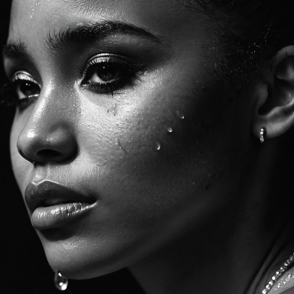 close up and zoomed in on a beautiful black girl with crying a single teardrop running down her face and a black background, close up on side profile only showing cheek and eyelight falling on face, noir photorealism, mysterious portrait of a woman, chiaroscuro portrait, grainy black and white photo. close up on side profile, tinashe, zoe kravitz, zoomed in on tear drop, euphoria vibes, tears, crying