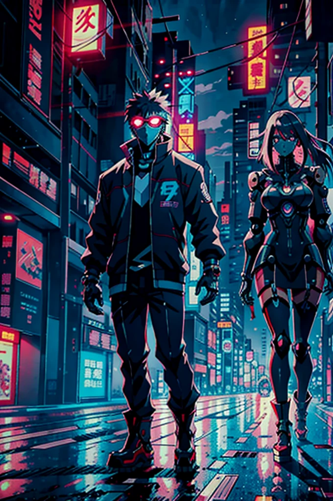 Animated scene of two people in a city with robots, digital Cyberpunk anime art, Anime Cyberpunk art, Cyberpunk Anime Girl Mecha, Cyberpunk anime art, Modern cyberpunk anime, Digital Cyberpunk - Anime Art, アニメMecha aesthetics, Amazing anime 8k, Best anime 4k konachan wallpaper, Mecha aesthetics, Anime Cyberpunk, Anime Style 4k