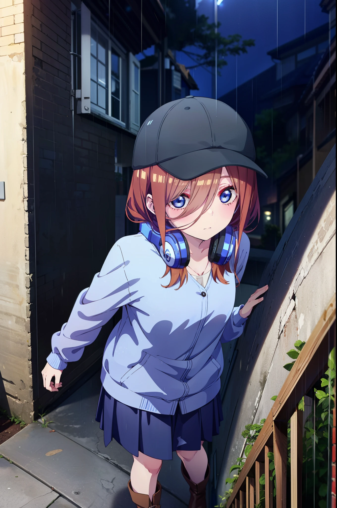 miku nakano, Nakano Miku Ticket III, Long Hair, bangs, blue eyes, Brown Hair, Hair between the eyes,Baseball hats,Headphones around neck,Oversized blue hoodie,Long skirt,short boots,rain,Hiding in a roofed building,Standing leaning against the wall,whole bodyがイラストに入るように,
break outdoors, Building district,
break looking at viewer, whole body,
break (masterpiece:1.2), Highest quality, High resolution, unity 8k wallpaper, (figure:0.8), (Beautiful attention to detail:1.6), Highly detailed face, Perfect lighting, Highly detailed CG, (Perfect hands, Perfect Anatomy),