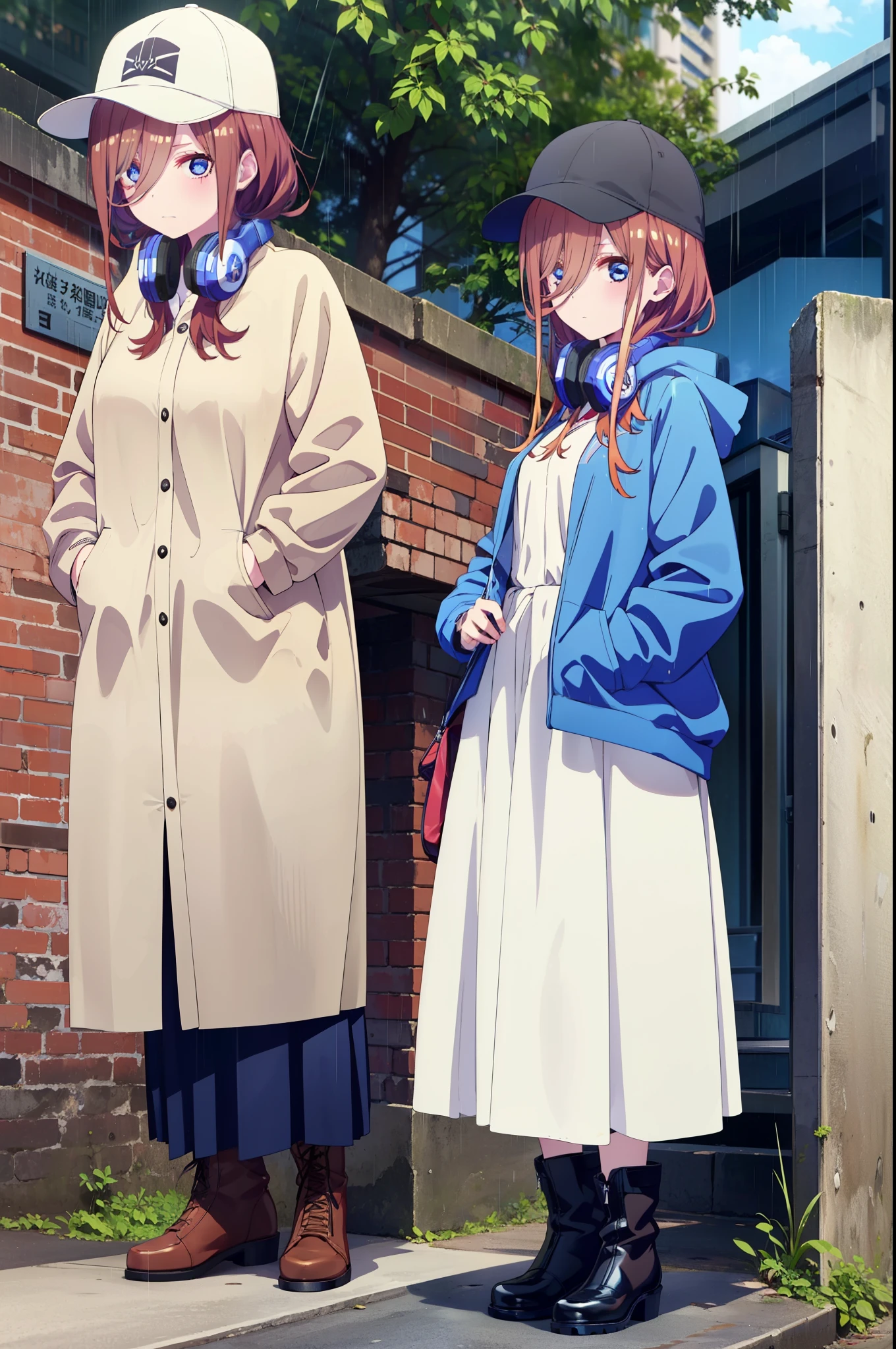 miku nakano, Nakano Miku Ticket III, Long Hair, bangs, blue eyes, Brown Hair, Hair between the eyes,Baseball hats,Headphones around neck,Oversized blue hoodie,Long skirt,short boots,rain,Hiding in a roofed building,Standing leaning against the wall,whole bodyがイラストに入るように,
break outdoors, Building district,
break looking at viewer, whole body,
break (masterpiece:1.2), Highest quality, High resolution, unity 8k wallpaper, (figure:0.8), (Beautiful attention to detail:1.6), Highly detailed face, Perfect lighting, Highly detailed CG, (Perfect hands, Perfect Anatomy),