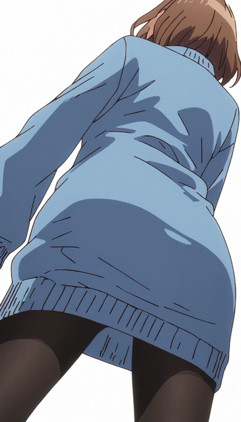 masterpiece, best quality, screencap, 1girl, solo, brown hair, short hair, blue sweater dress, black pantyhose, from below, from behind, no background, white background