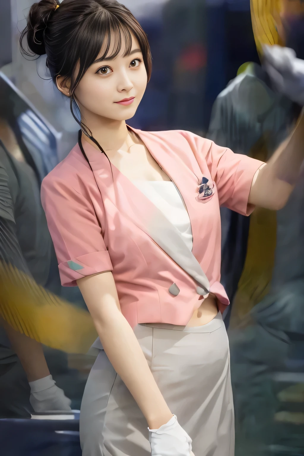 Showing your belly button、(masterpiece:1.2, Highest quality:1.2), 32k HDR, High resolution, (alone、1 girl)、 (Height: 160cm)、（On the rooftop of a building in the daytime、Professional Lighting）、Building rooftop background、（Nankai train crew uniform pinkを着たリアルスタイル）、（Nankai train crew uniform pink short sleeve collarless pink jacket、Nankai Train Crew Uniform Pink Collarless Short Sleeve Blouse、Nankai Train Crew Uniform Pink Grey Knee-length Culottes）、（The pink jacket is showing from the culottes.）、Dark brown hair、（Hair tied up、Hair tied up、Evening curly hairstyle）、Dark brown hair、Long Shot、Big Breasts、Thin legs、（（Great hands：2.0）），（（Harmonious body proportions：1.5）），（（Normal limbs：2.0）），（（Normal finger：2.0）），（（Delicate eyes：2.0）），（（Normal eyes：2.0））)、smile、（Nankai Train Crew Uniform Pink Grey Knee-length Culottesを見せた美しい歩く姿）、Place your hands around your stomach