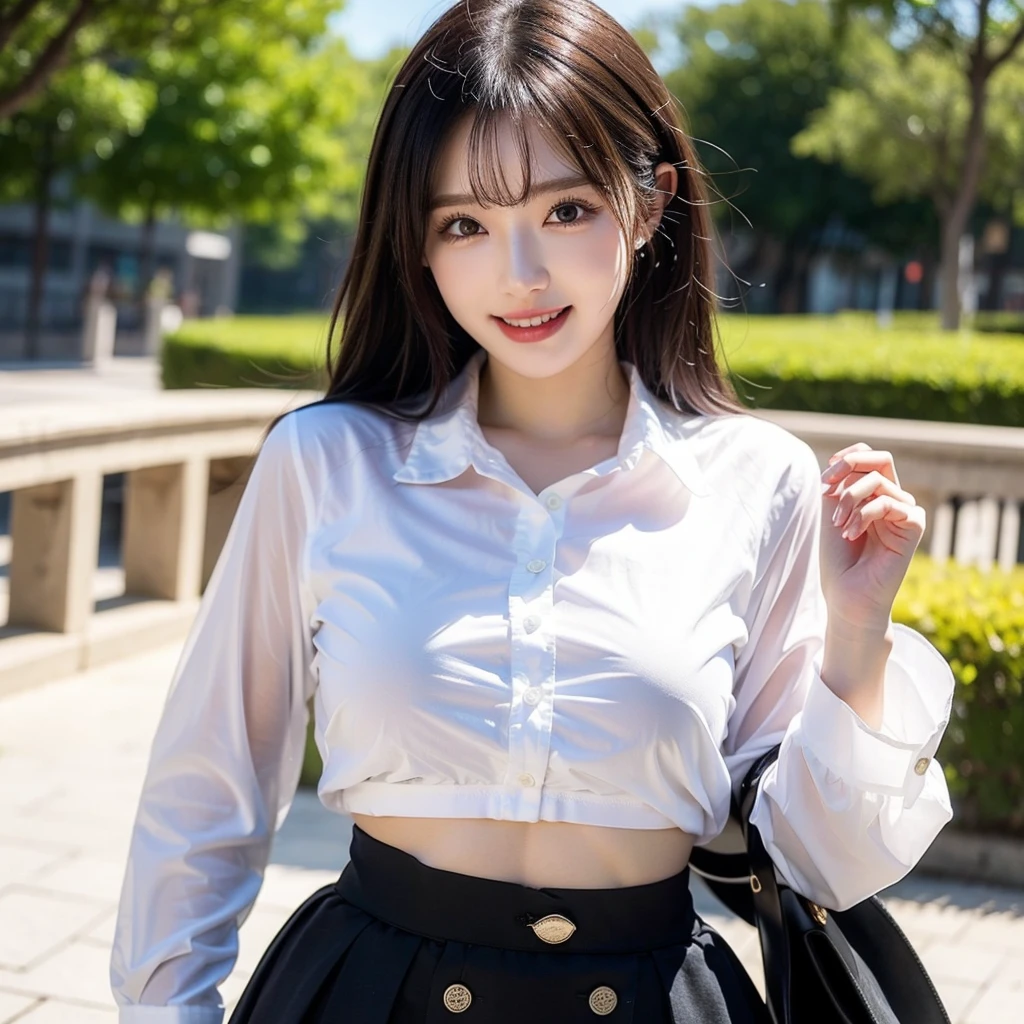 reality: 1.4),highest quality, masterpiece, High detail, 16K quality, beautiful, 1 beautiful girl,Japanese,super beautiful face,Baby Face,Japanese idol face,Cute Face,Highly detailed face,Detailed hands,beautiful skin,Oily skin,Big eyes,Professional Lighting,ponytail,Black Hair,black beautiful eyes, Big smile,Sitting with your knees up, (Skirt flipped up),Big Breasts,Sheer white shirt,(Check skirt),No underwear,Black high socks,(Spread your legs wide), She is looking at the camera,Skyscraper rooftop,blue sky, Browsing Caution,from the front, information