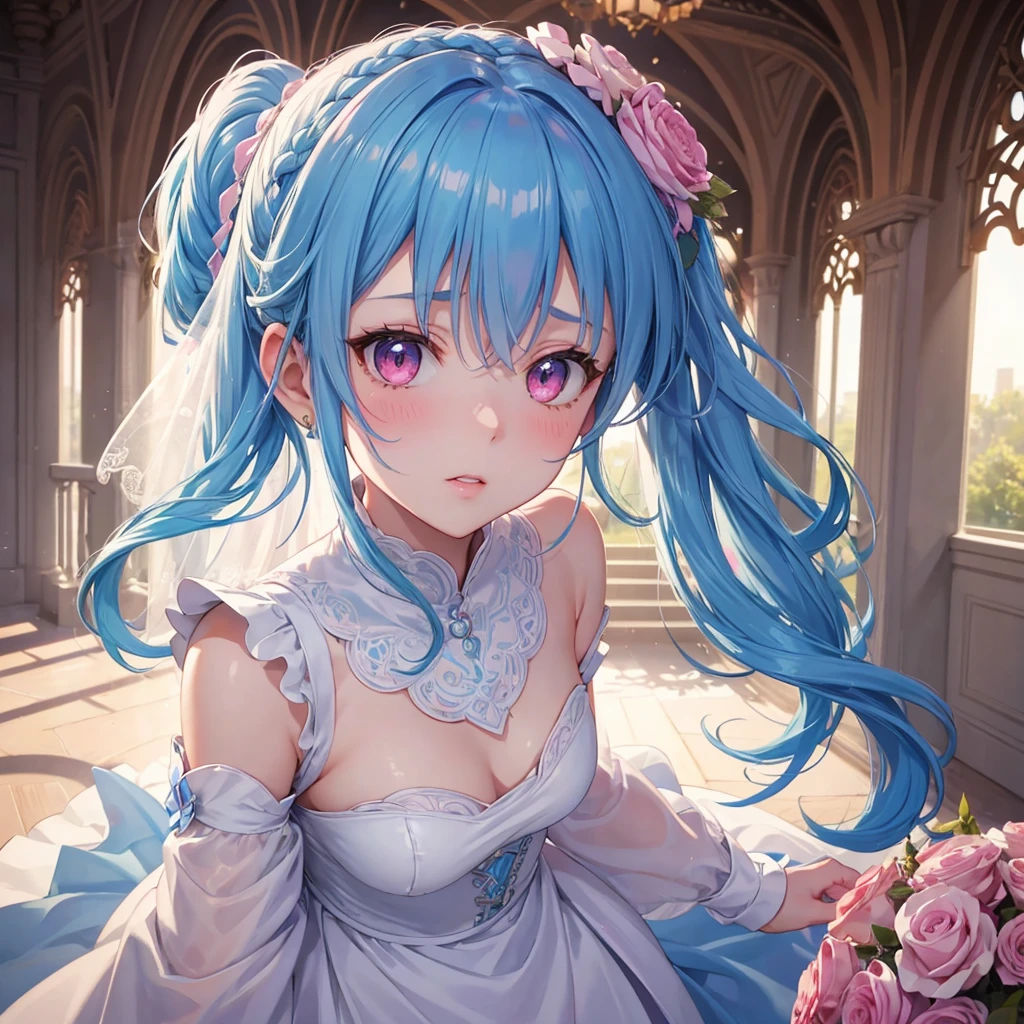 Sky blue hair, (Braided Ponytail),(Pink Eyes),Fair skin ,(whole body),(1 Girl),bride,blush,Straight bangs, 6月のbride,Wedding dress,(masterpiece, Highest quality, Very detailed, Best Shadow), (Detailed Background), (Beautifully detailed face), High Contrast, (Best lighting, Very delicate and beautiful), ((Cinematic Light)), colorful, Hyper Detail, Dramatic Light, Intricate details,Wedding hall,Rose flower。