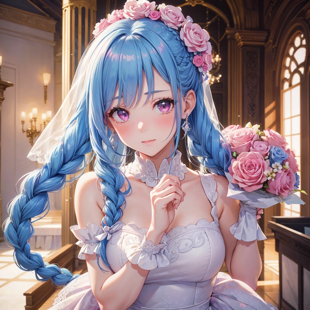 Sky blue hair, (Braided Ponytail),(Pink Eyes),Fair skin ,(whole body),(One girl),bride,A big smile,Straight bangs, 6月のbride,Wedding dress,(masterpiece, Highest quality, Very detailed, Best Shadow), (Detailed Background), (Beautifully detailed face), High Contrast, (Best lighting, Very delicate and beautiful), ((Cinematic Light)), colorful, Hyper Detail, Dramatic Light, Intricate details,Chapel background,Bouquet of roses