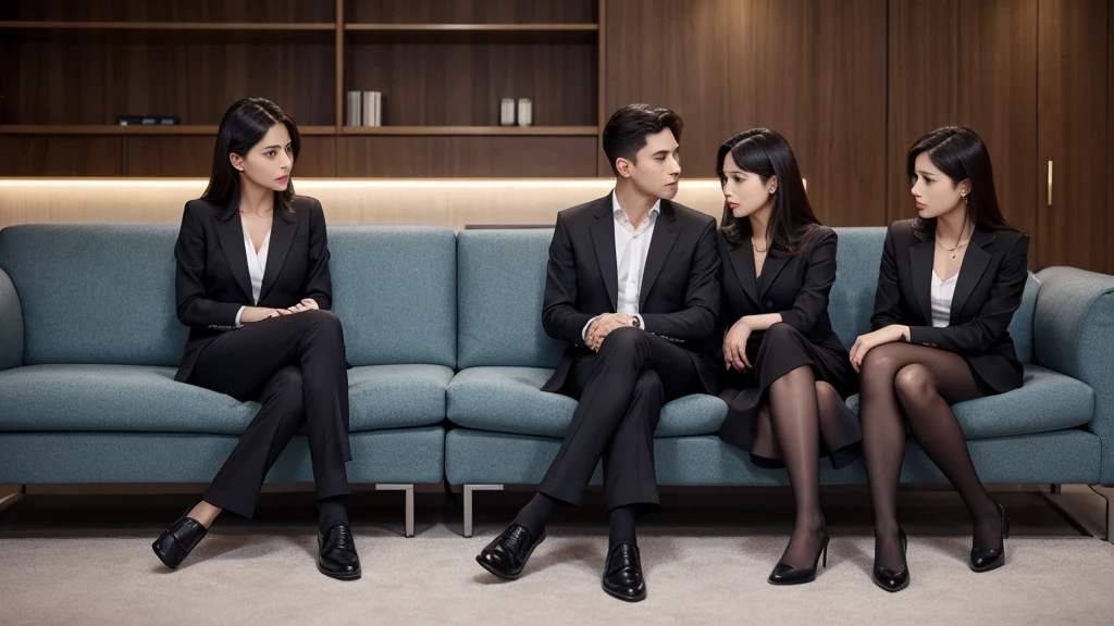 In a modern news agency, men and women, dressed formally, are sitting on sofas, discussing an issue